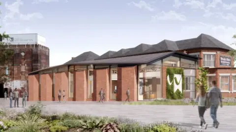 An artist's impression of what one building could look like. It is one level with red brick walls and large, glass windows in between and a grey slanting roof. It is joined to a taller building on the right in a similar design. People are walking on a grey path by the building and another taller, brick building can be seen in the distance.