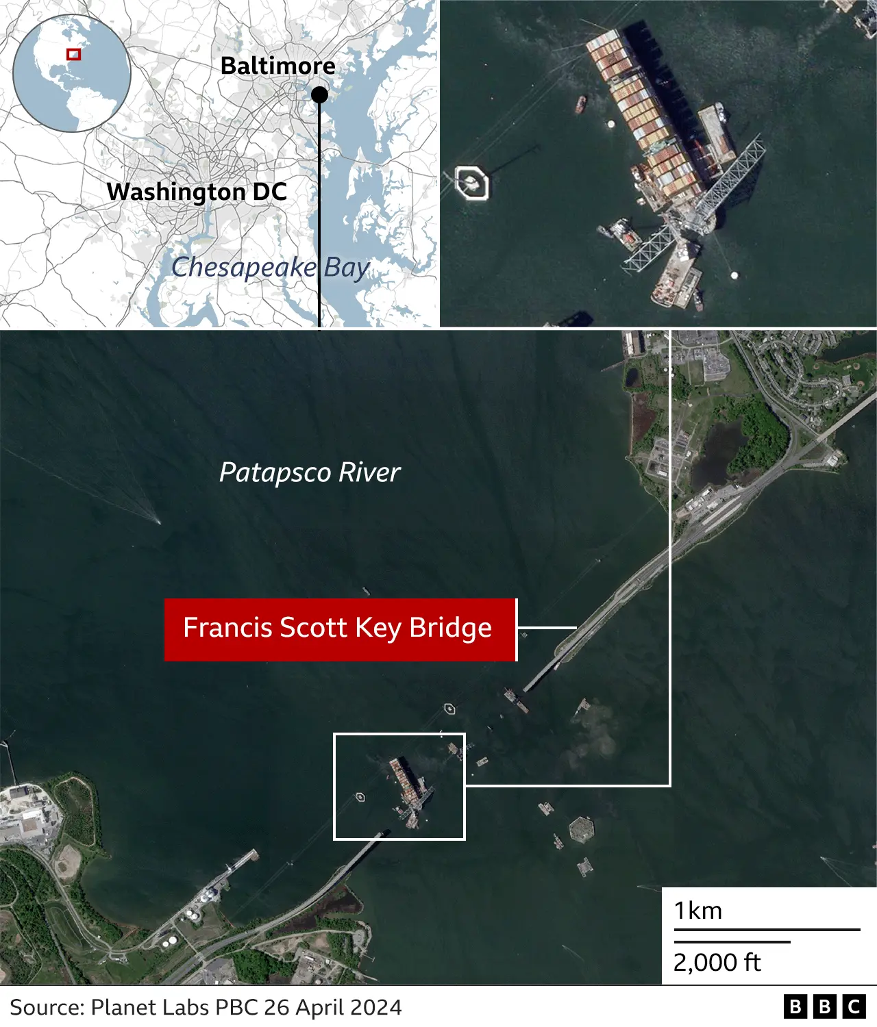 Map of Baltimore showing bridge