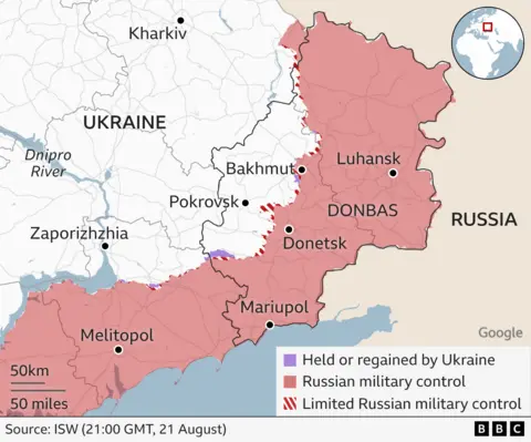 Map showing the front line in the east