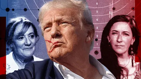 BBC / Getty Images A composite image showing Donald Trump in the centre, with a streak of blood across his face after shots were fired at him, while in the background are images of Camille tinted in Democrat blue and Wild Mother in Republican red.