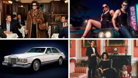 GUCCI / AI GENERATED IMAGES AI Generated images from Gucci - a woman in a fur coat, two young people on a car bonnet wearing vests and sunglasses, a large retro white car, a glamourous couple in black tie sitting in a formal living room looking atthecamera