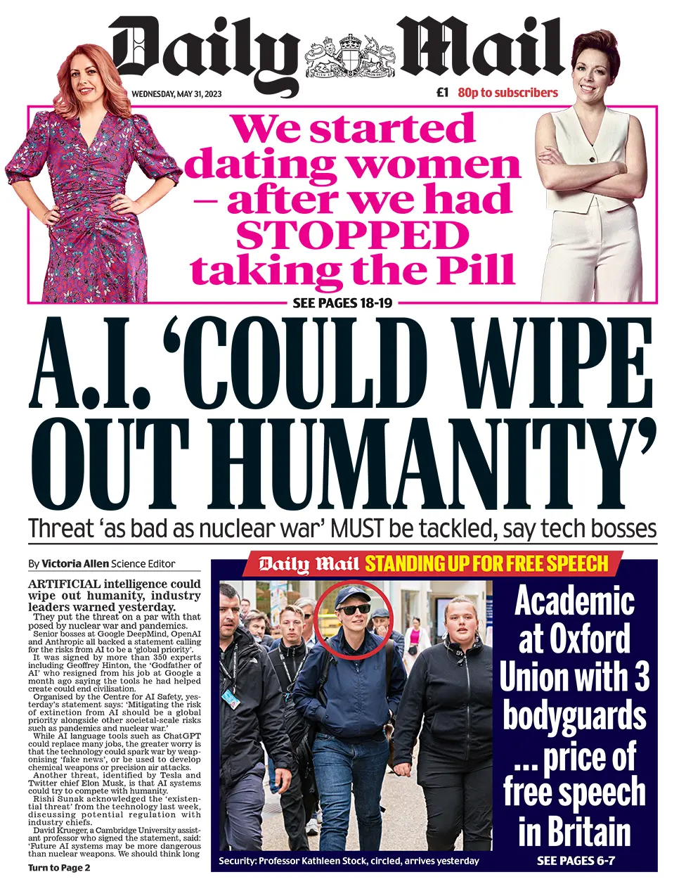 The headline in the Mail reads: "A.I. 'could wipe out humanity'"