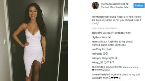 @montanarosebrown Instagram post showing Montana Brown posing in a Pretty Little Thing dress