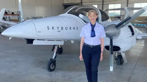 Skyborne Airline Academy Julie in front of a plane