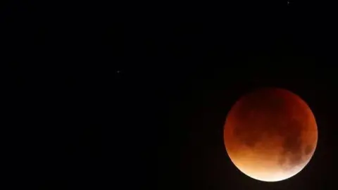 Paul Moane The image of a Blood Moon, which is red in colour against the black of the night's sky. 