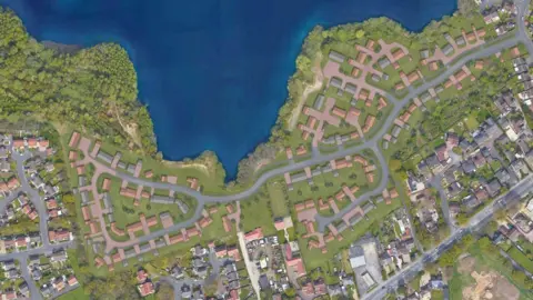 A CGI map of North Hykeham where the homes will be built in between a housing estate and next to a lake