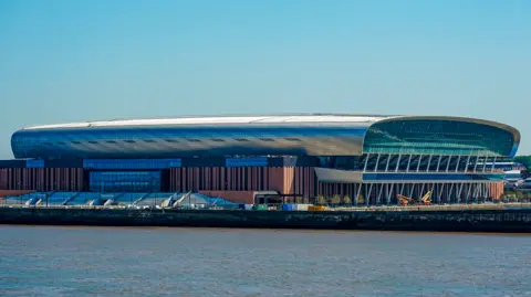 PA Media Image shows Everton FC's Hill Dickinson stadium in a view from the opposite bank of the Mersey