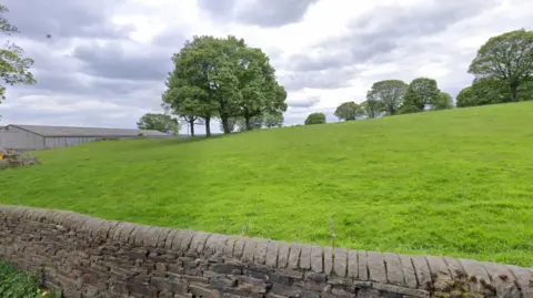 Google A large patch of grassed land with a dry stone brick wall bordering it and trees in the background.