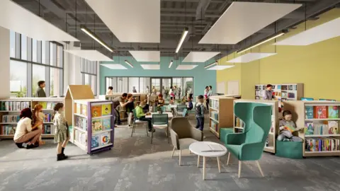 Durham County Council Artist's impression of a library inside a large room with light coloured walls and large windows. Several children are dotted around reading books.