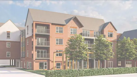 IDP/Telford & Wrekin Planning An artist impression of the four storey residential care home, as seen from Bridge Road in Wellington. It is brick built with wooden structures and a hedge in the grounds.