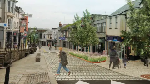 An artist's impression of flowerbeds, trees and speedbumps on cobbled roads in Penzance Market Jew Street