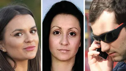 BBC A composite photo showing head shots of Vanya Gaberova, Katrin Ivanova and Tihomir Ivanchev, who is wearing sunglasses and speaking into a phone