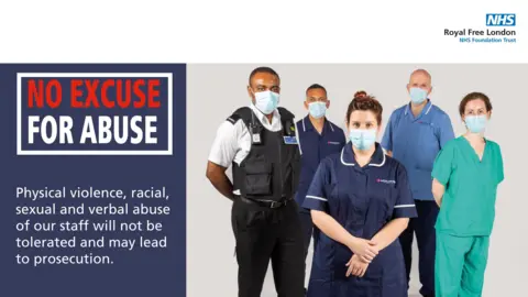 NHS A poster saying "no excuse for abuse", showing frontline workers 
