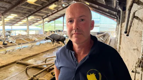 A man is wearing a blue t-shirt and is standing in a cow shed with horses roaming around.