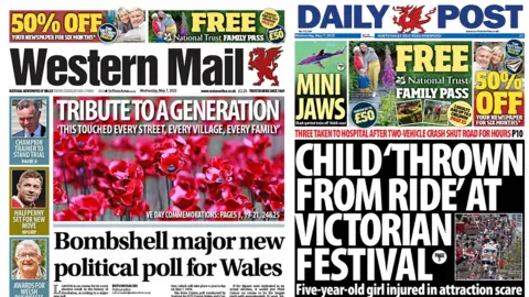 Two pictures, Daily Post front page with the main headline reading "Child 'thrown from ride' at Victorian Festival, then a close up picture of a crowd and The Western Mail front page, the main image of which are poppies, under a headline reading "Tribute to a generation". The main story has the headline "Bombshell major new political poll for Wales". 