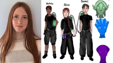 Bafta A collage of Rikka, who has long red hair and is wearing a pale white and grey jumper, and a screenshot from her game Beyond the Horizon. In the screenshot three drawn women and a man wearing a backpack filled with a green liquid. There are two aliens, one is green another is blue.