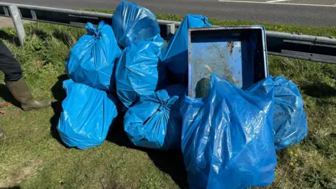 Wear Rivers Trust Dozens of full bright blue bin bags. The bags are full of waste which have been found by wetlands and a river. They are placed together on grass by a roadside. 