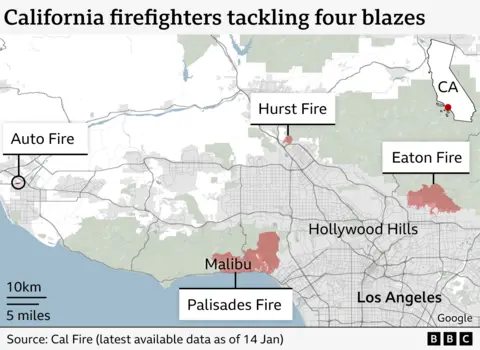 A representation  shows the locations of 4  fires being battled successful  confederate  California - the Auto, Hurst, Eaton and Palisades fires, which are to the northbound  and north-west of Los Angeles metropolis  centre