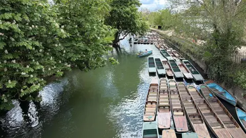 BBC Weather Watcher Donal Wooden punts in rows along the end of the riverbank in Oxford.