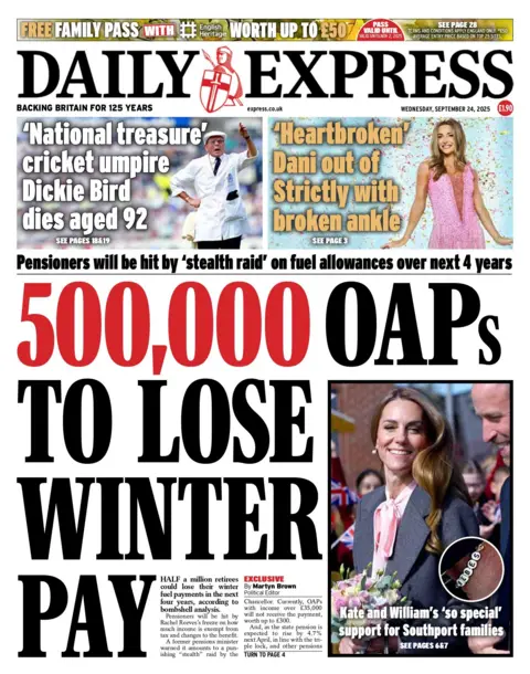"500,000 OAPs to lose winter pay" reads the headline on the front page of the Daily Express.