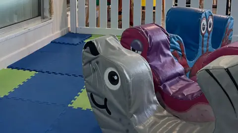BBC A soft play area with a grey seal and other rocking toys. There are blue play mats on the floor with a white fence around it.
