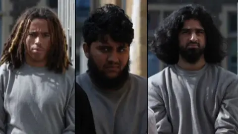 Composite image of Elijah Ogunnubi-Sime (left), Mohammad Comrie (centre) and Faiz Shah (right) in grey sweatshirts