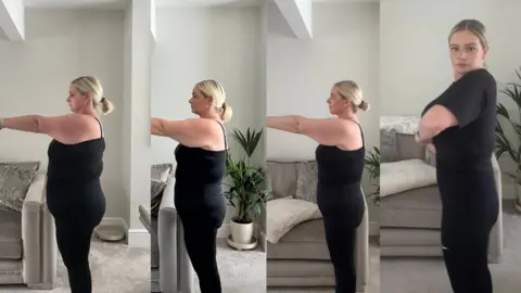 Rachel Bevan Collage of four images of Rachel Bevan showing her weight loss. She stands side on holding her arms out in front of her, wearing black leggings and a black vest top. To her left, there is a grey velvet sofa. She has blonde hair pulled back into a low ponytail. 