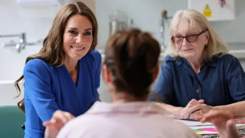 Reuters Catherine, Princess of Wales with long brown hair wears a blue dress - she is sitting at a table where she is smiling at a woman with her back to the camera and is next to a woman with blonde hair and glasses
