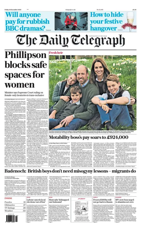 The headline on the front page of the Daily Telegraph reads: "Phillipson blocks safe spaces for women".