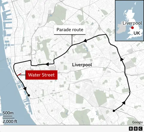 Map showing the parade route through Liverpool and location of Water Street