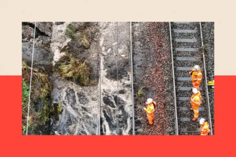 Network Rail Engineers asses the site - view from overhead