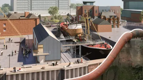 A digital rendering of a regenerated dockside shows a historic ship in a dry dock surrounded by walkways, visitors, and a mix of modern and traditional brick buildings. There is an orange pipe composite image in the foreground.