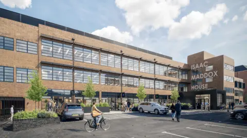 Worcestershire County Council An artist's impression of a building which has been refurbished, with workers stood outside and a woman on a bicycle. 