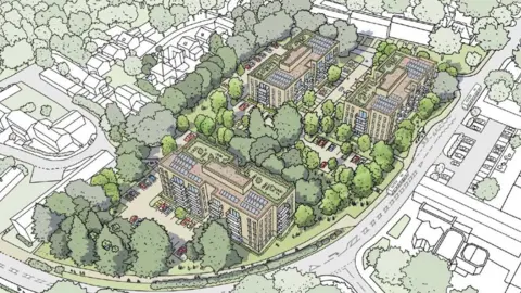 Abri An illustration shows the proposed new layout for the properties. The image shows a lot of greenery, with the buildings surrounded by trees, solar panels can be seen on the top of all three blocks, parking spaces and gardens.