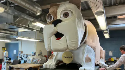Hannah Sackville-Bryant, BBC A massive white and brown dog, churchill from the TV adverts sits on top of a bed. 