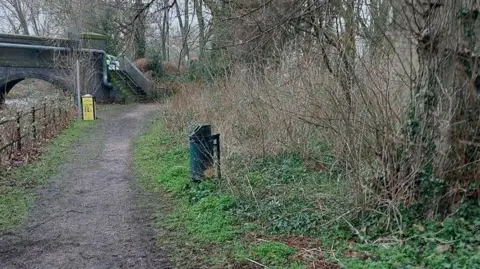 RSPCA A footpath alongside shrubbery, leading towards steps up to a bridge.