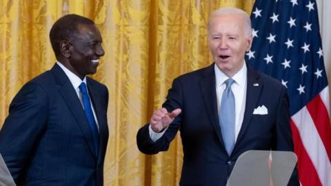 US President Joe Biden (R) and President of Kenya William Ruto (L) finish a joint news conference in the East Room of the White House in Washington, DC, USA, 23 May 2024. 