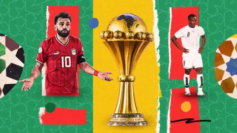 A colourful graphic showing Mohamed Salah on the left shrugging his shoulders in a red Egypt shirt, the Africa Cup of Nations trophy in the centre and Michael Essien looking dejected with hands on hips in an all-white Ghana kit