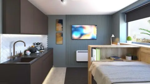 Hull City Council/Hadfield Cawkwell Davidson A CGI image of a bedroom. There is a bed under the window on the right and a brown kitchenette on the left.