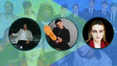 Max Jones, Sorley and Imogen and the Knife are pictured in circles against a blue and green grainy background showing other BBC Introducing artists