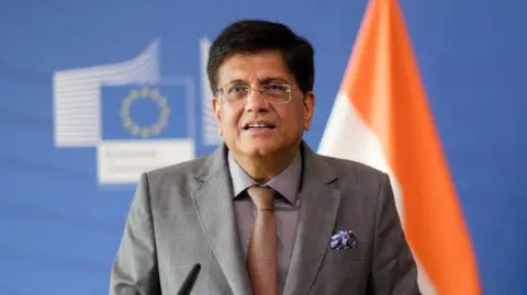 Getty Images BRUSSELS, BELGIUM - JUNE 17: Indian Minister of Commerce and Industry, Consumer Affairs, Food and Public Distribution and Textiles Shri Piyush Goyal is talking to media on EU-India trade relations in the Berlaymont, the EU Commission headquarters on June 17, 2022 in Brussels, Belgium. 