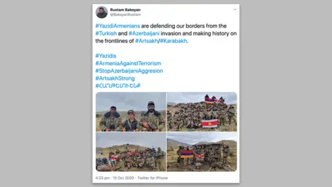 A tweet by an Armenian member of parliament highlighting the involvement of Armenian-Yazidis in the conflict