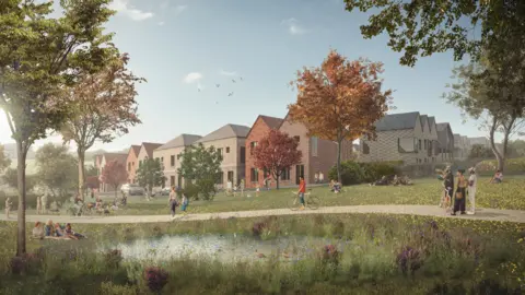 Cornwall Council A CGI image of a row of two-storey houses in a conventional style with trees and bushes dotted in the foreground and people enjoying some good weather, walking and lounging around a pond in a bucolic setting of flowers and grasses.