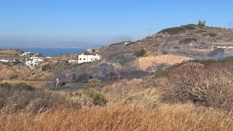 Handout via Reuters A few people are seen working at a blackened site on a mountain