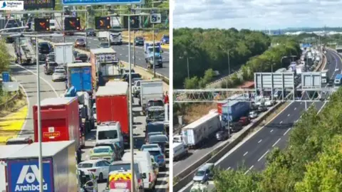 National Highways A composite image of long queues of vehicles on a motorway