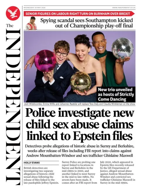 The headline on the front page of the Independent reads: "Police investigate new child sex abuse claims linked to Epstein files".