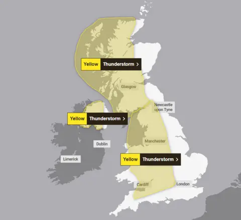 Met Office A map shows most of the UK shaded yellow to indicate warning areas