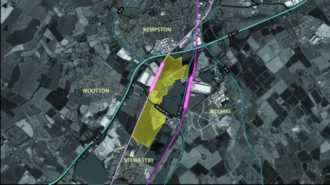 PA Media An aerial picture of the land where the Universal Studios theme park will be built in Bedfordshire.