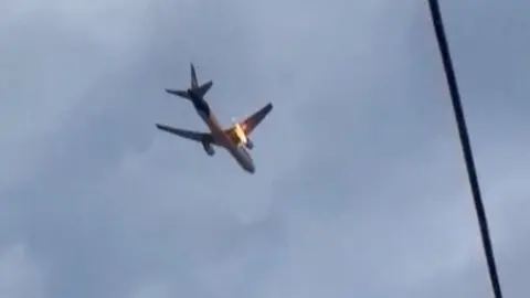 A plane's engine caught fire after a bird strike.