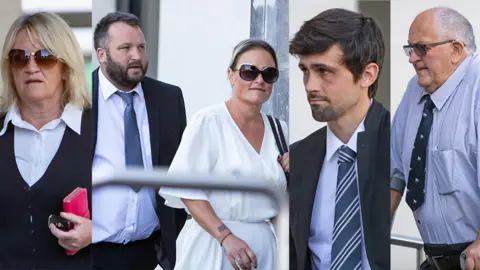 A composite picture of five people arriving in court. On the left is a woman with blonde hair and sunglasses and a white shirt; next to him is a man in a dark suit with a white shirt and blue tie, and next to him a woman with sunglasses and a white dress. Next is a man with short dark hair, with a dark suit and blue and white tie, and then an older man with a blue shirt and tie wearing dark glasses